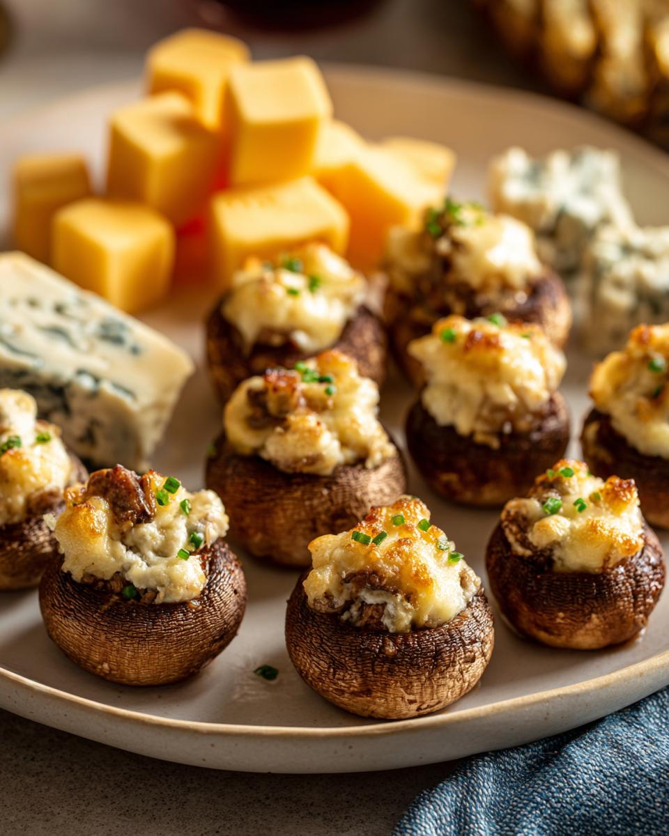 A plate of delicious stuffed mushrooms, a perfect appetizer for New Year's Eve, served with cubes of cheese.