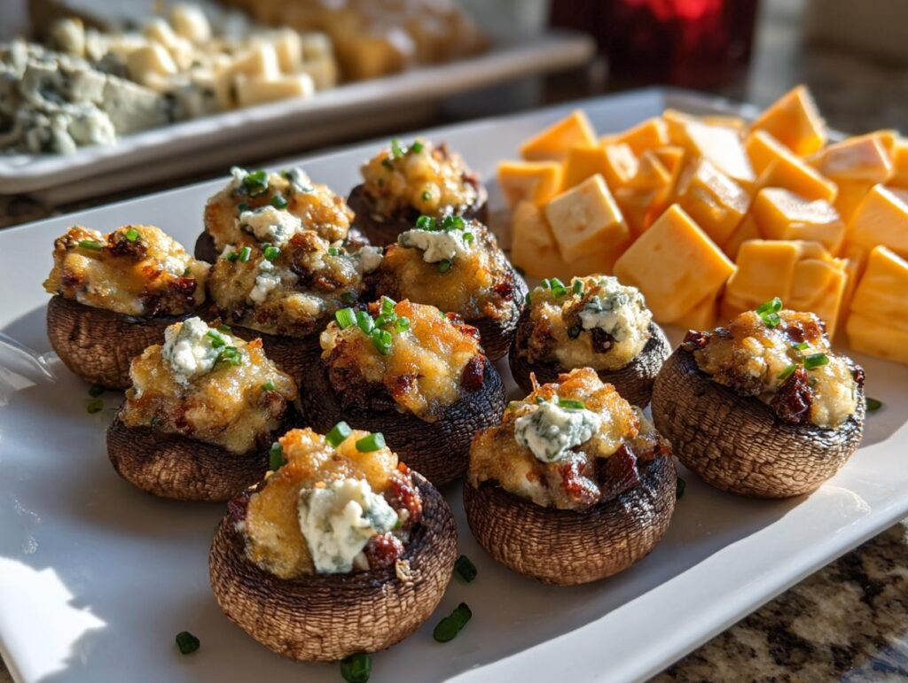 Close-up of stuffed mushrooms, a delicious appetizer for New Years Eve, topped with cheese and chives, served with cubed cheddar cheese.