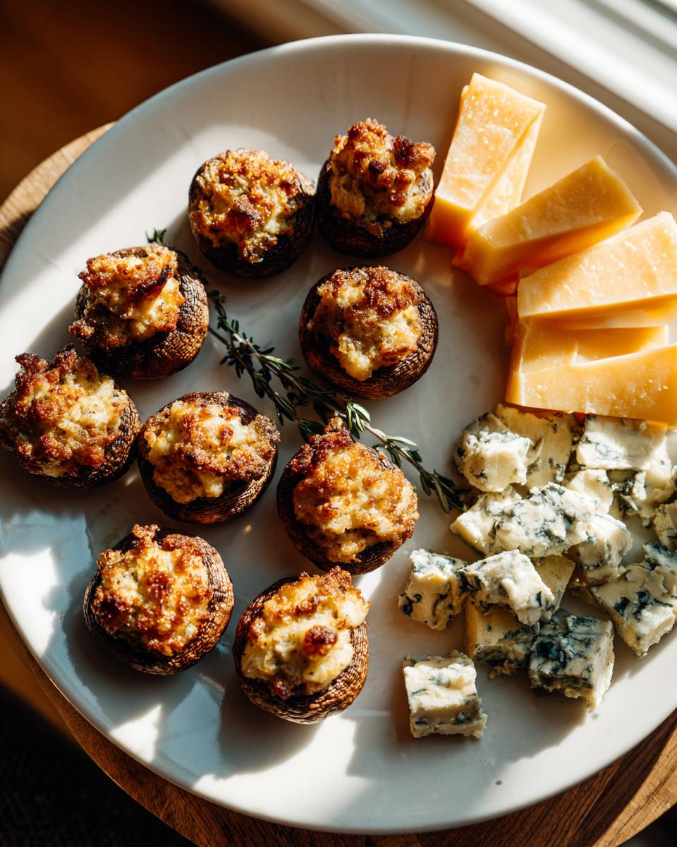 A platter of golden brown stuffed mushrooms, a festive choice for New Years Eve appetizers, served with cheese.