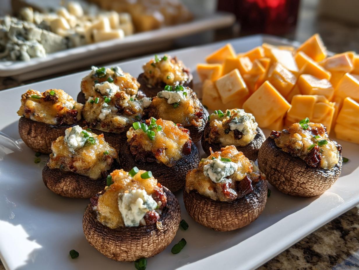 Close-up of stuffed mushrooms, a delicious appetizer for New Years Eve, topped with cheese and chives, served with cubed cheddar cheese.