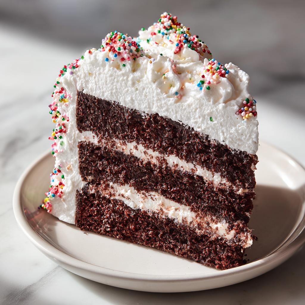 A decadent slice of chocolate cake with white frosting and colorful sprinkles, perfect for a New Years Eve dessert.