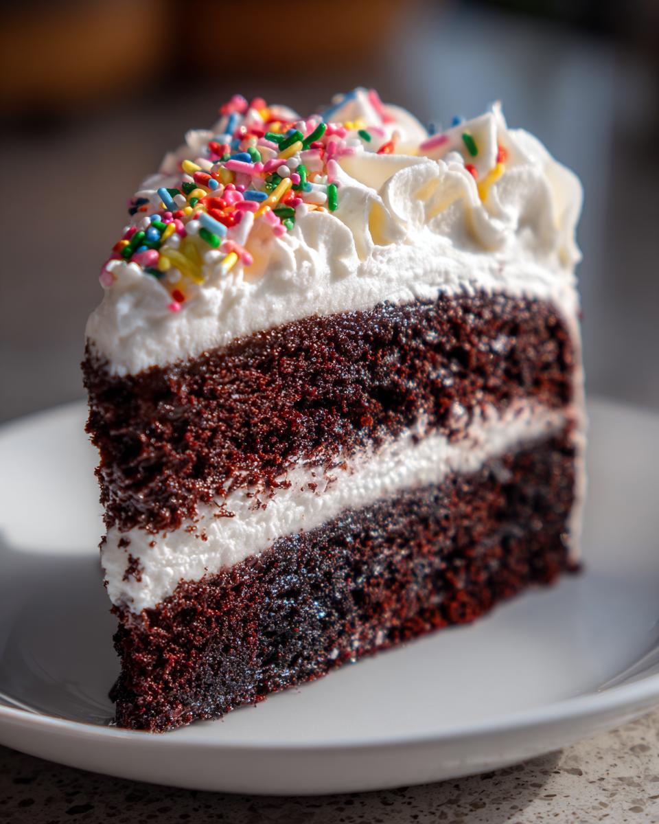 A decadent slice of chocolate cake with white frosting and colorful sprinkles, perfect for a New Years Eve dessert.