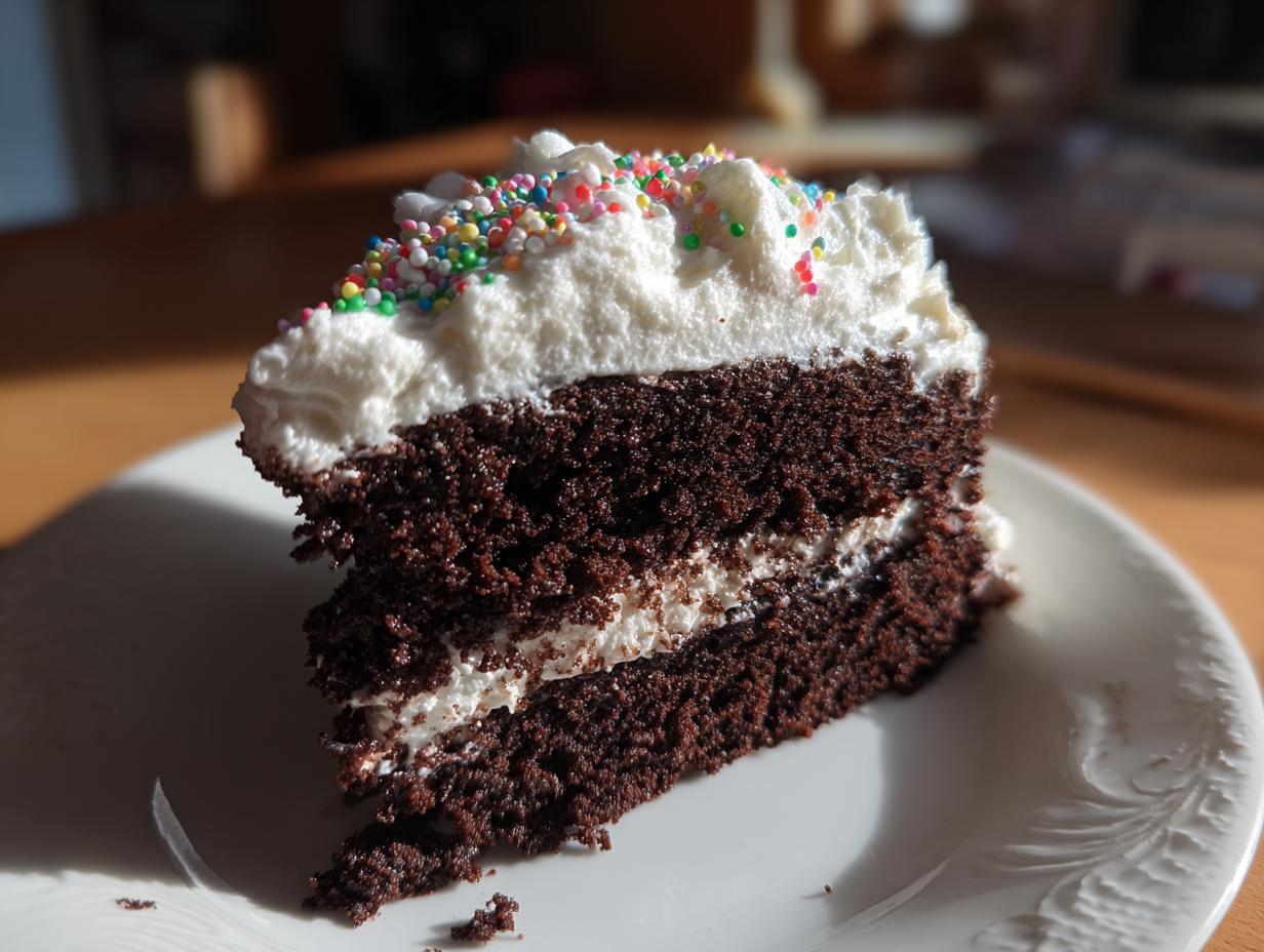 A slice of rich chocolate cake with white frosting and colorful sprinkles, perfect for a New Years Eve dessert.
