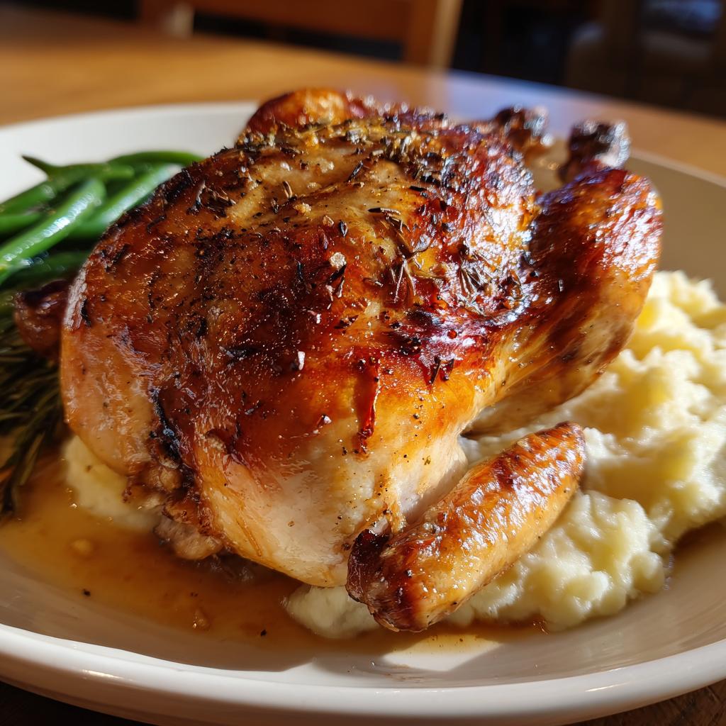 A perfectly roasted golden chicken sits atop creamy mashed potatoes, served with green beans for a festive New Years Eve dinner.