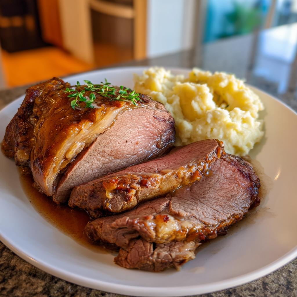 A perfectly cooked sliced roast beef with a side of creamy mashed potatoes, ideal for a New Year's Eve dinner.