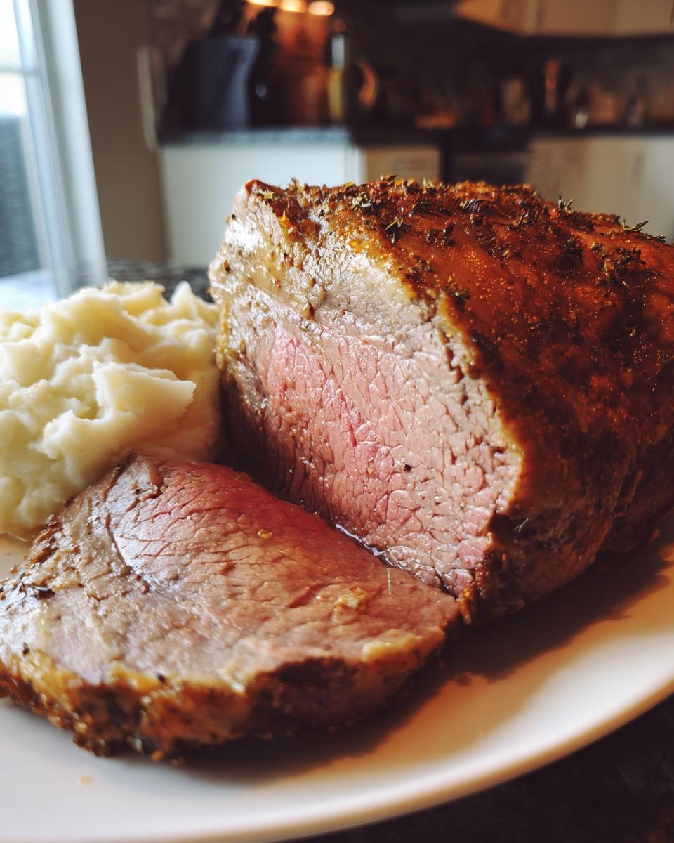 A perfectly cooked roast beef with a slice cut, served with mashed potatoes, ideal for a New Year's Eve dinner.