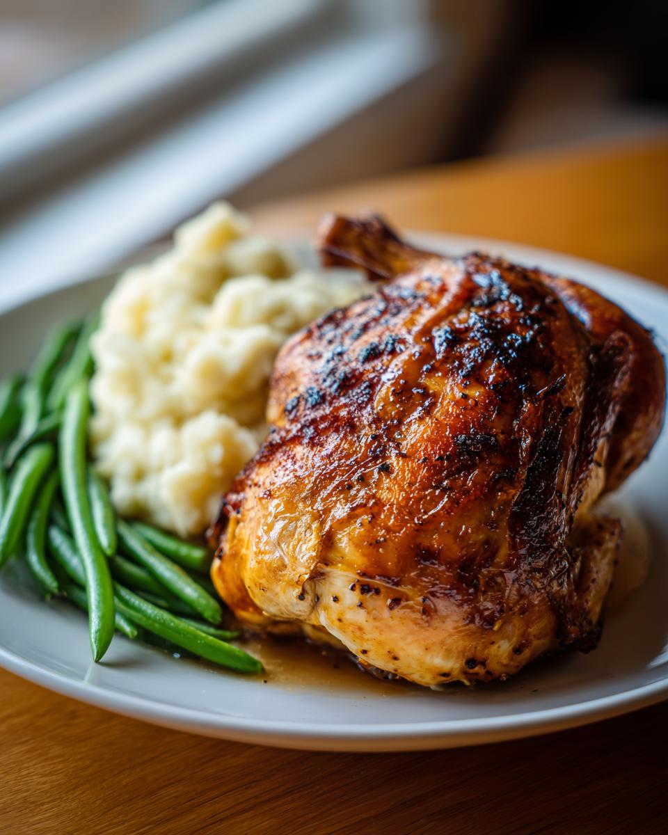 A perfectly roasted golden chicken served with mashed potatoes and green beans for a New Years Eve dinner.