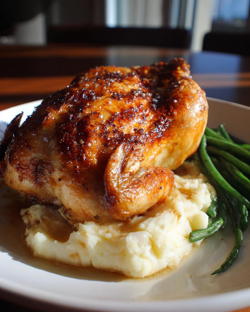 A golden roast chicken served with creamy mashed potatoes and green beans, perfect for a New Years Eve dinner.