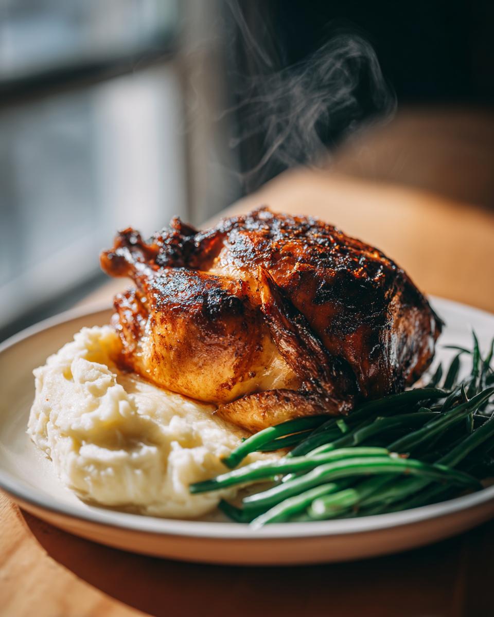 A perfectly roasted golden chicken sits atop creamy mashed potatoes, with a side of fresh green beans, ideal for a New Years Eve dinner.