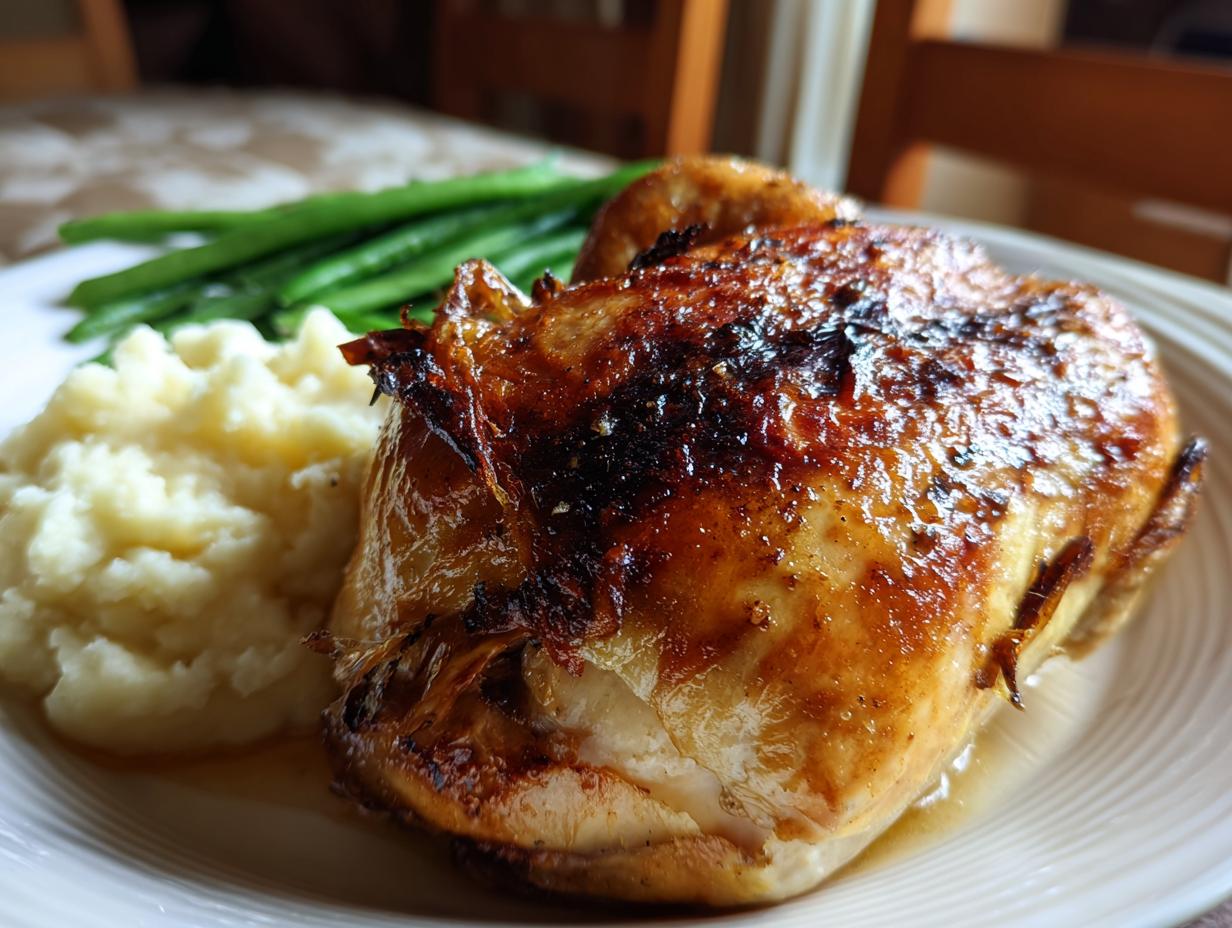 A golden brown roast chicken served with mashed potatoes and green beans, perfect for a New Years Eve dinner.