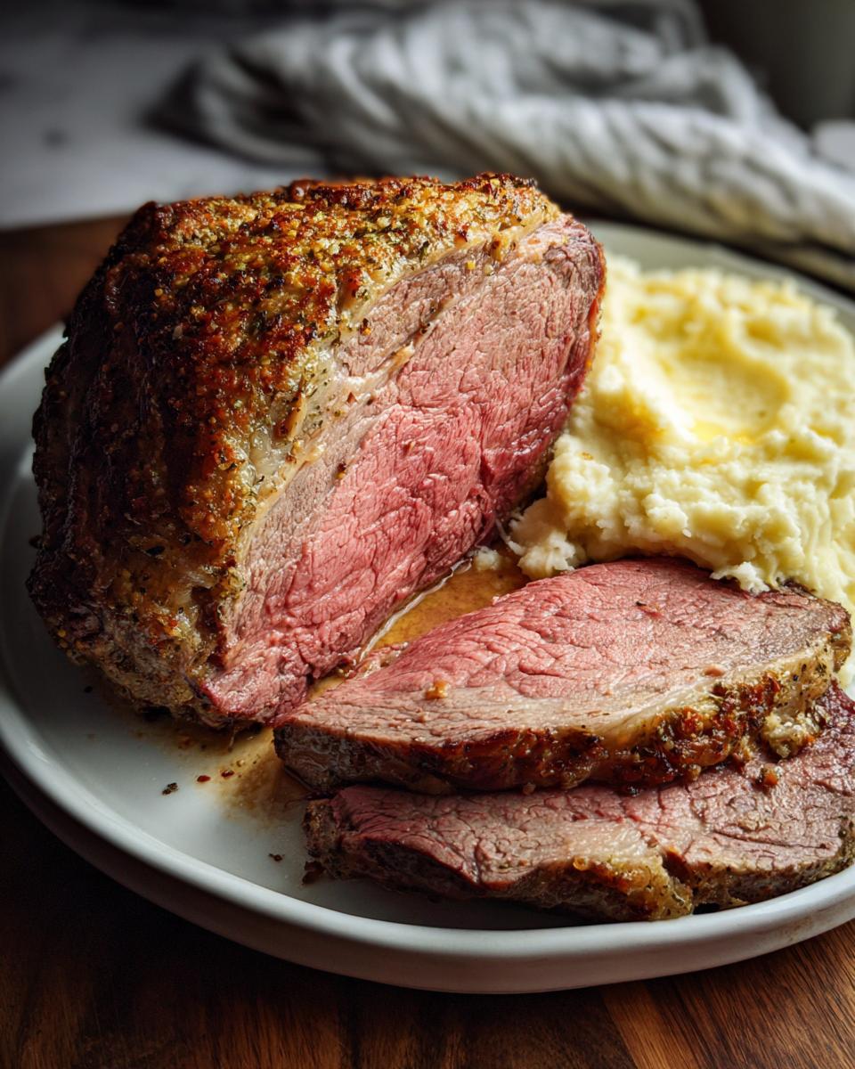 A perfectly roasted beef roast, sliced to reveal a juicy pink center, served with creamy mashed potatoes for a New Year's Eve dinner.