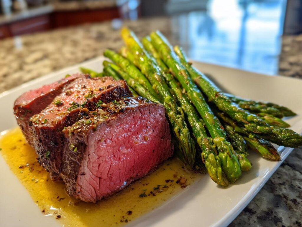 Juicy, medium-rare steak sliced and served with roasted asparagus, perfect for New Year's Eve dinner ideas.