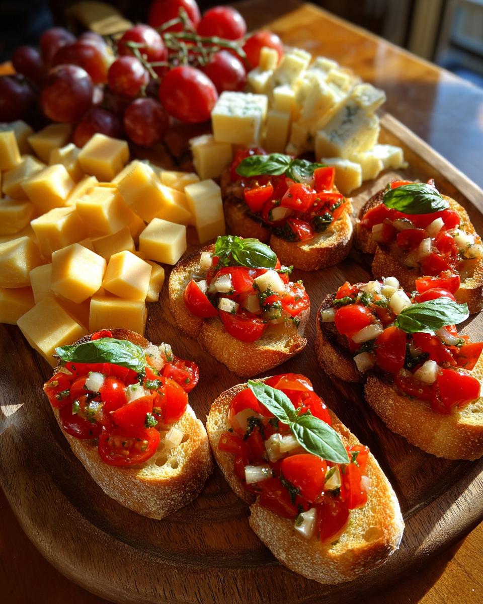 A festive New Years Eve food spread featuring bruschetta with fresh tomatoes and basil, alongside a cheese board with grapes and assorted cheeses.