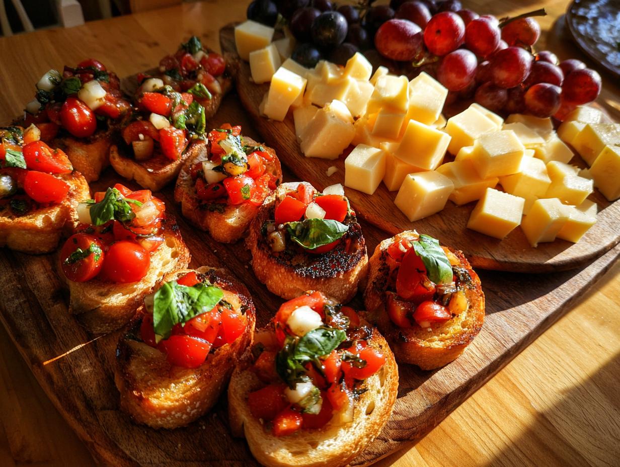 A festive New Years Eve food spread featuring fresh tomato bruschetta and a cheese and grape board.