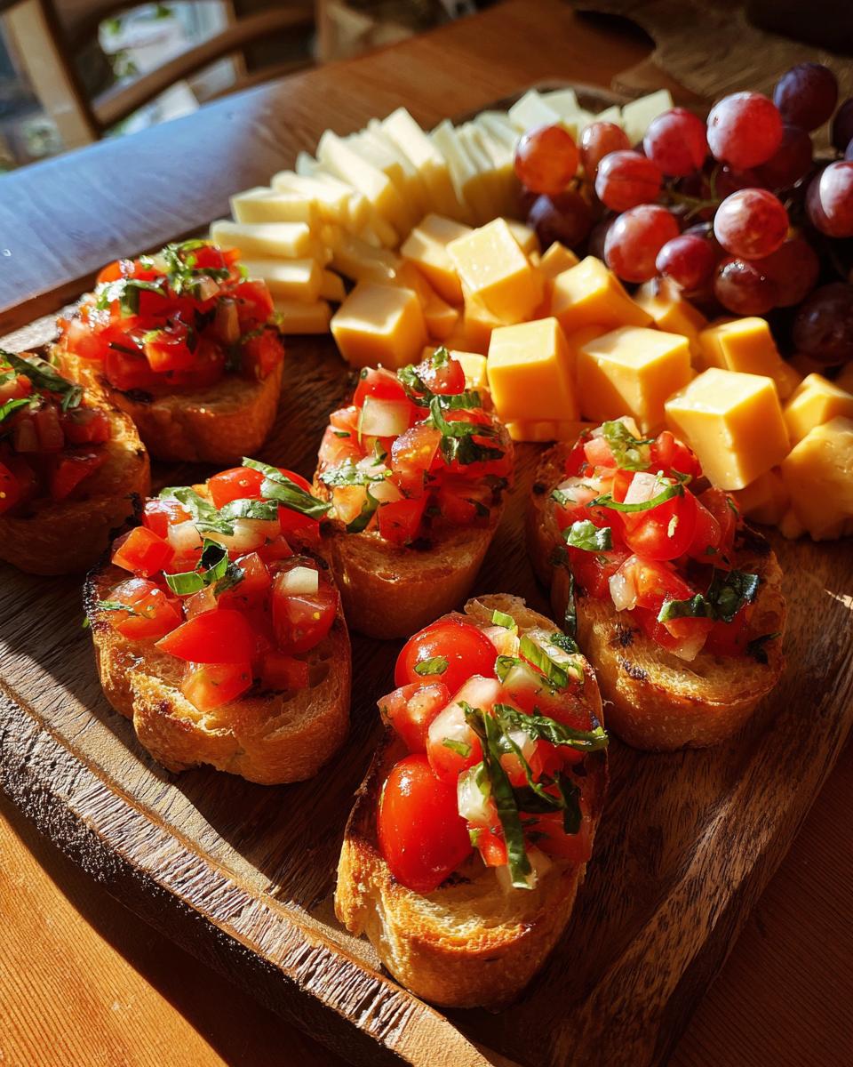 A wooden board filled with new years eve food: fresh bruschetta topped with tomatoes and basil, cubed cheese, and red grapes.