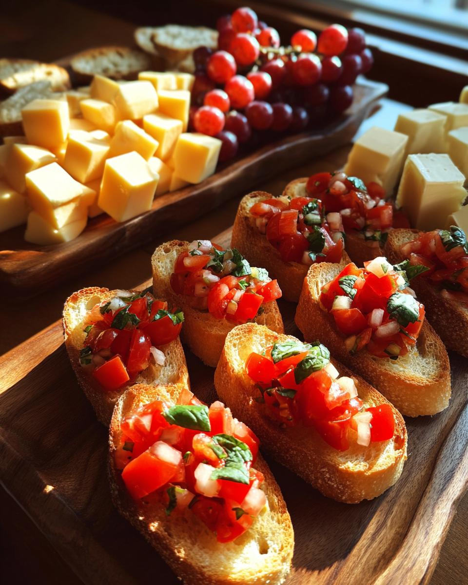 A close-up of fresh tomato bruschetta and cubed cheese platters, perfect for New Years Eve food.