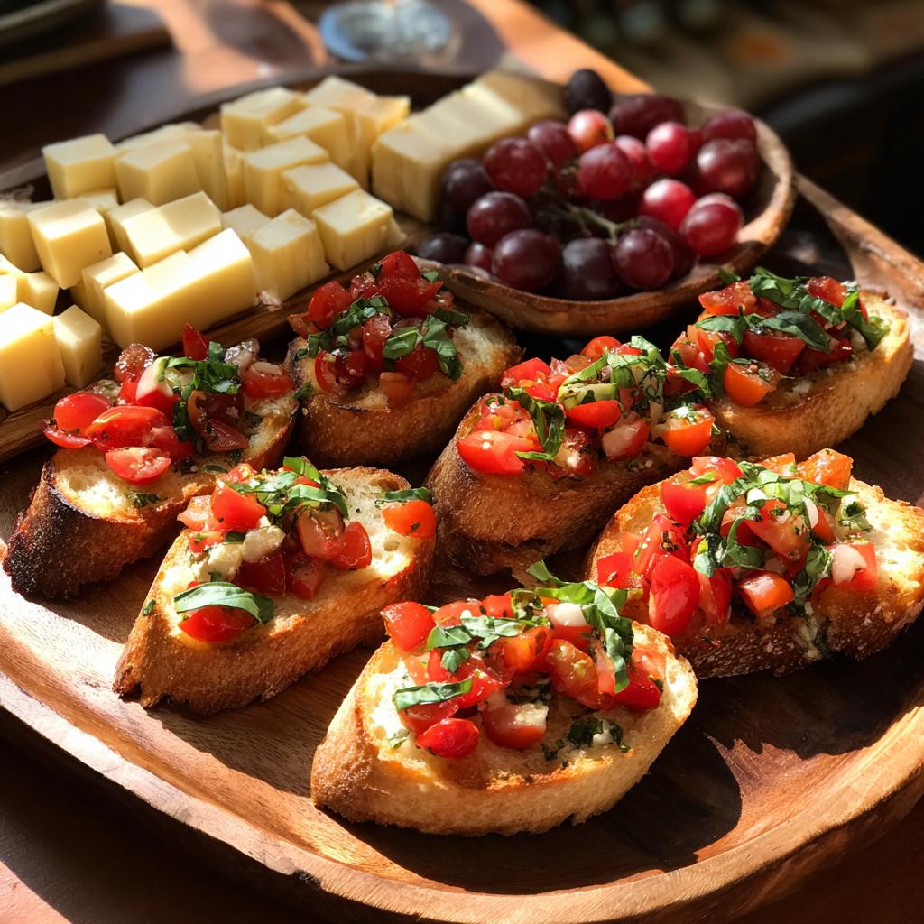 A wooden platter filled with fresh bruschetta, cheese cubes, and grapes, perfect for New Years Eve food.