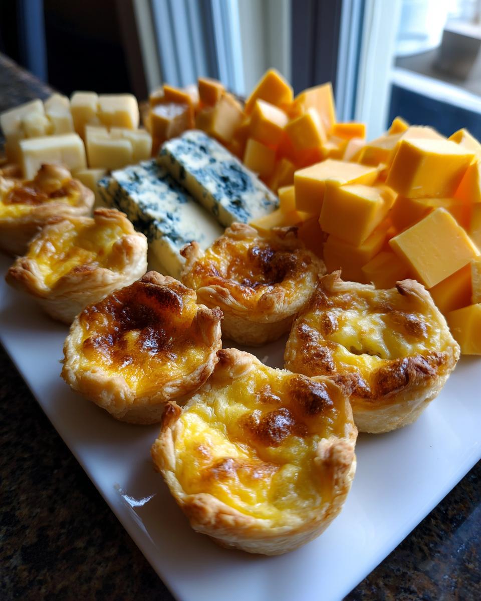 A platter of golden-brown mini quiches and assorted cheese cubes, perfect for New Year's Eve food.