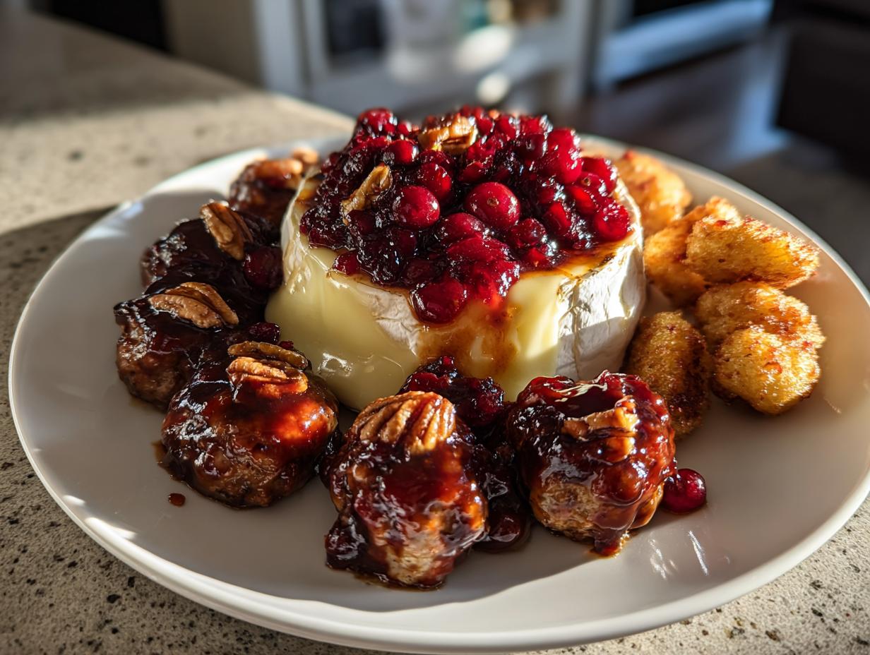 A wheel of baked brie topped with cranberry sauce and pecans, surrounded by glazed meatballs and crispy bread bites, perfect new year’s eve party food.