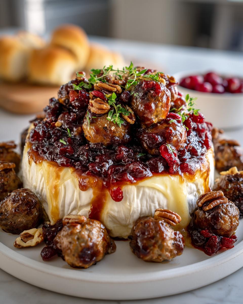Melted brie topped with cranberry meatballs and pecans, a perfect new year's eve party food.