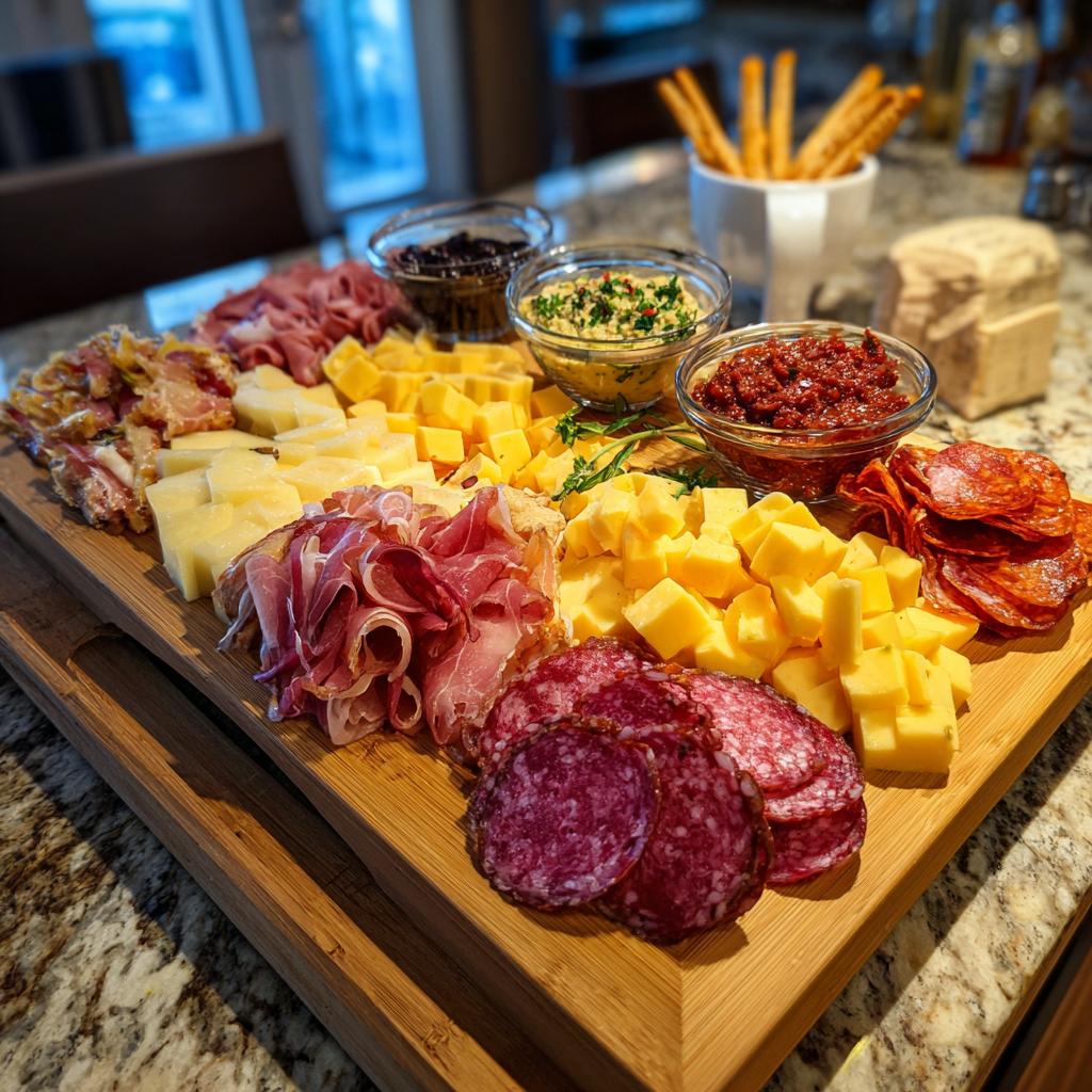 A large charcuterie board filled with an assortment of cheeses, cured meats, dips, and breadsticks, perfect for New Year's Eve snacks.