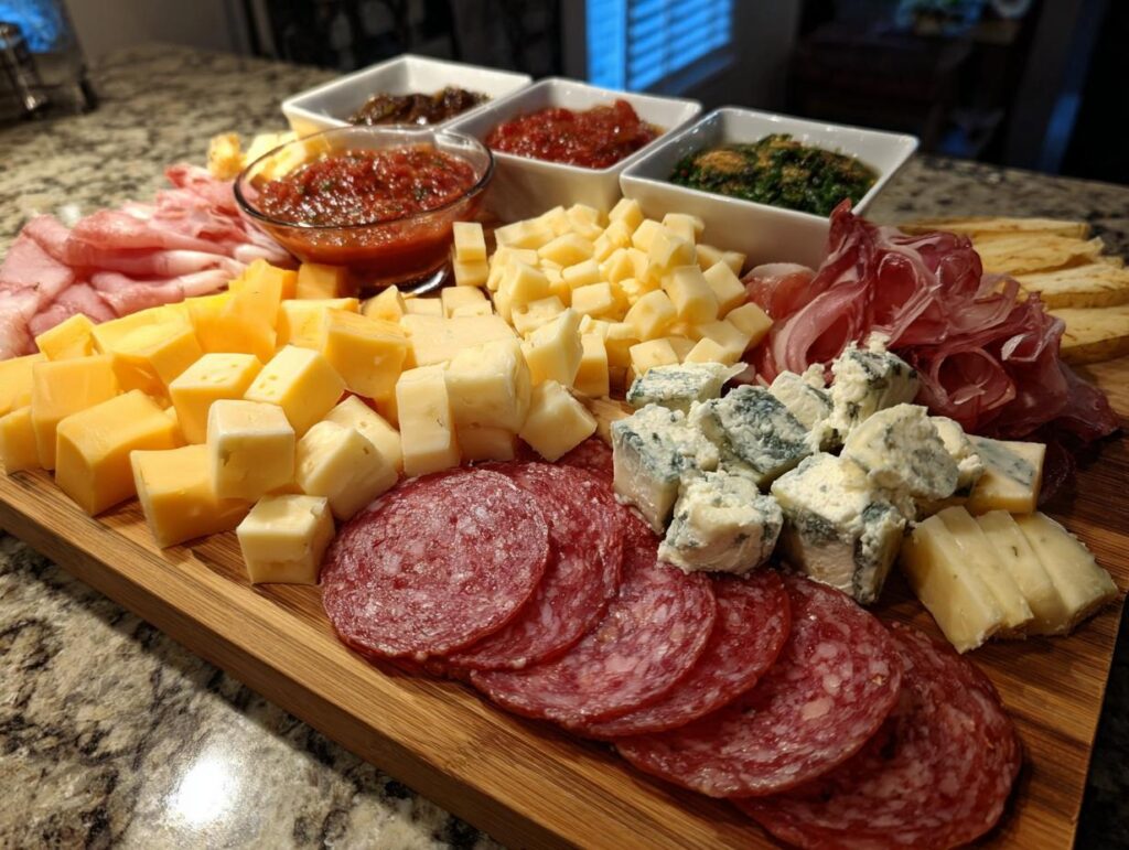 A beautifully arranged charcuterie board featuring various cheeses, cured meats, and dips, perfect for New Year's Eve snacks.