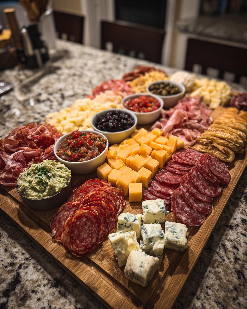 A large charcuterie board filled with various new year's eve snacks including cured meats, cheeses, olives, and dips.