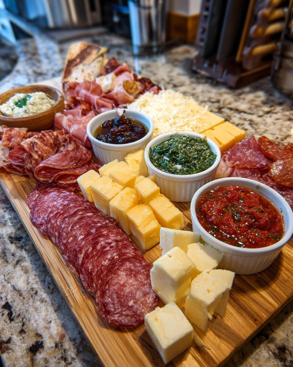 A delicious charcuterie board featuring new year's eve snacks like salami, cheese, dips, and bread.