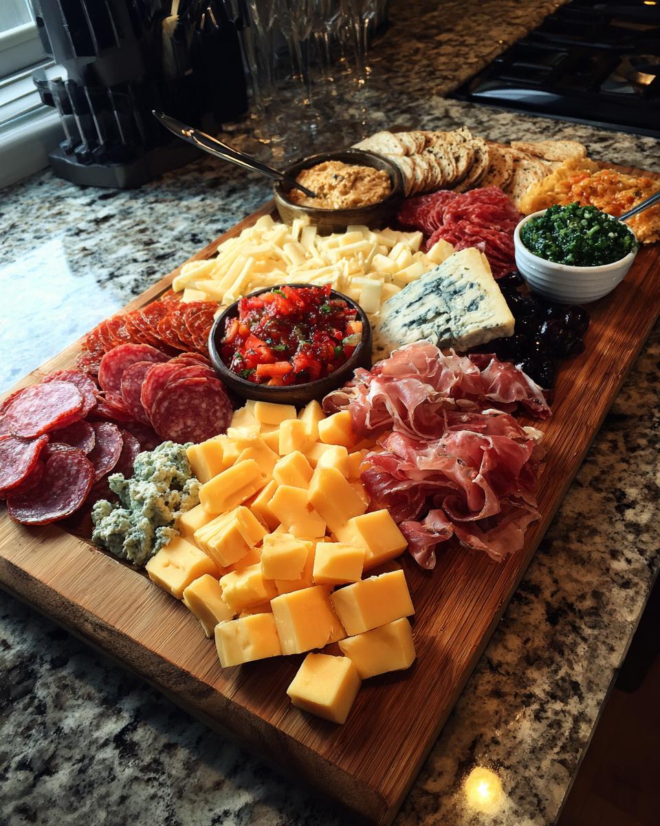 A bountiful charcuterie board filled with various new year's eve snacks, including cheeses, cured meats, dips, and crackers.