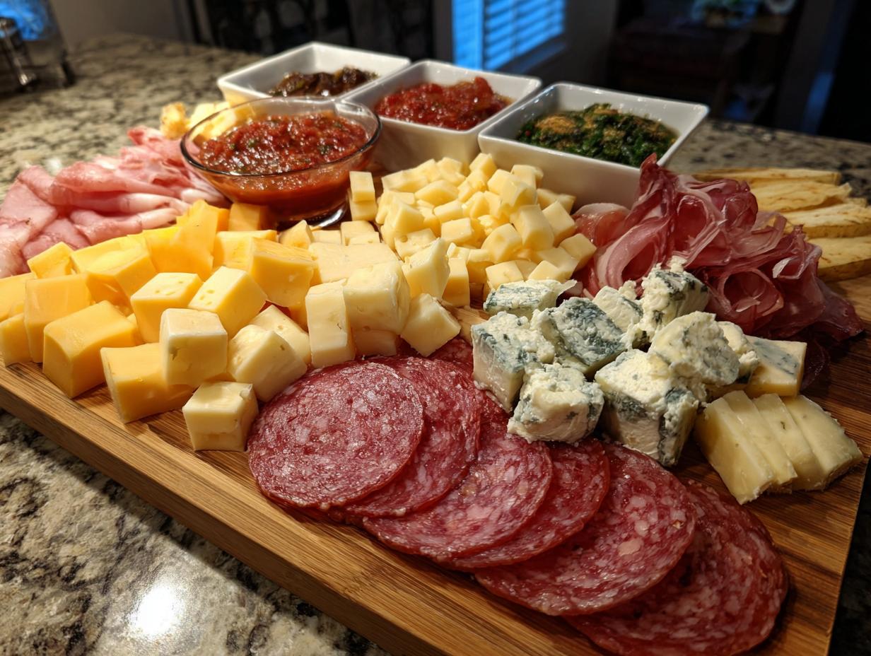 A beautifully arranged charcuterie board featuring various cheeses, cured meats, and dips, perfect for New Year's Eve snacks.