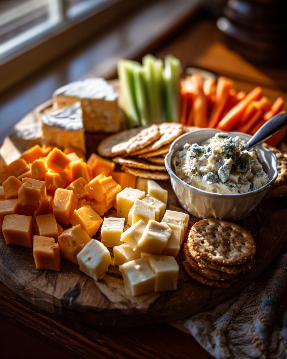 A festive cheese board featuring cubed cheeses, crackers, celery sticks, carrot sticks, and a bowl of dip, perfect for New Year's Eve snacks.