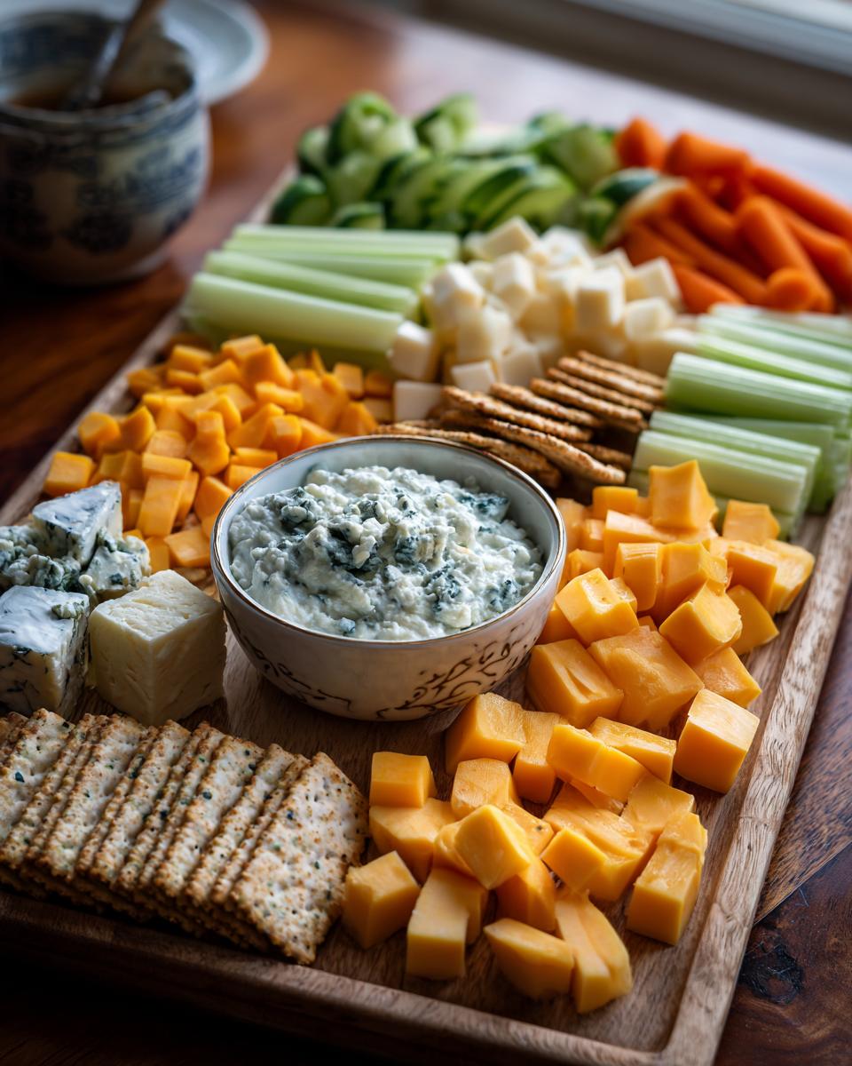 A festive cheese board with various new year's eve snacks including cubed cheddar, blue cheese, crackers, celery, carrots, and a creamy dip.