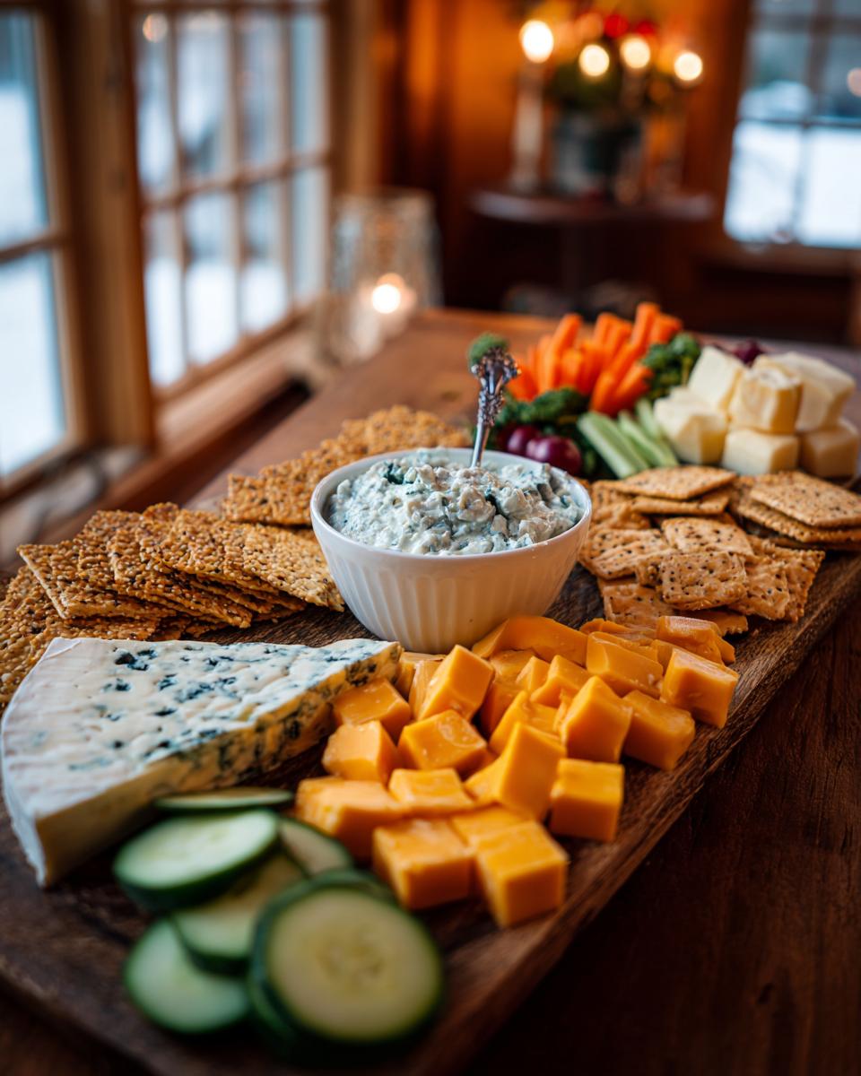 A festive cheese board featuring new year's eve snacks: assorted cheeses, crackers, fresh vegetables, and a creamy blue cheese dip.