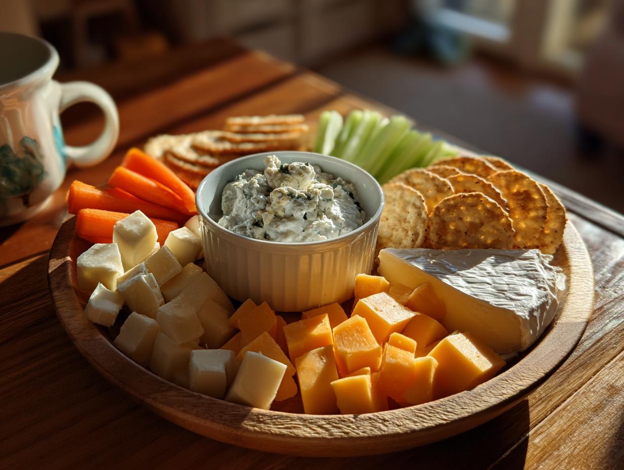 A festive cheese board with assorted cheeses, crackers, carrot sticks, and celery, perfect for New Year's Eve snacks.