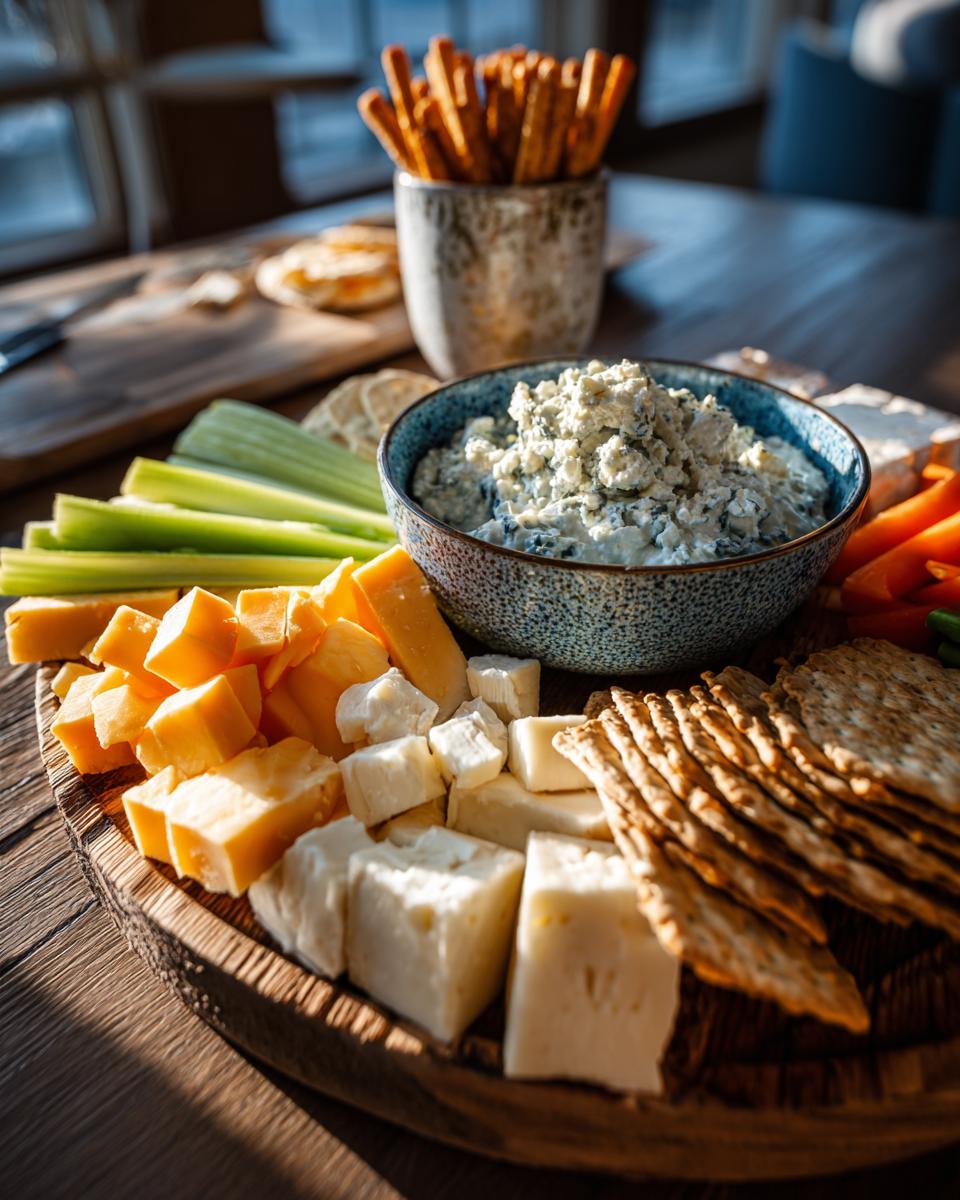 A festive cheese and dip platter featuring various cheeses, crackers, celery, carrots, and a bowl of dip, perfect for New Year's Eve snacks.