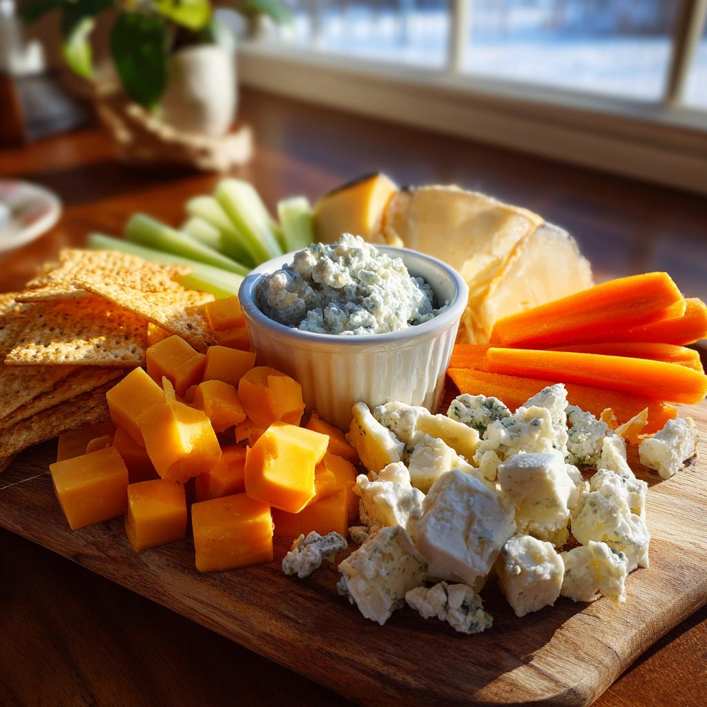 A festive cheese and cracker platter, perfect for New Year's Eve snacks, featuring various cheeses, crackers, carrots, and celery with dip.