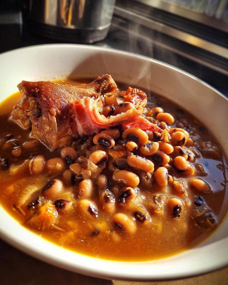 A steaming bowl of black-eyed peas with a ham hock and bacon, a traditional new years food.