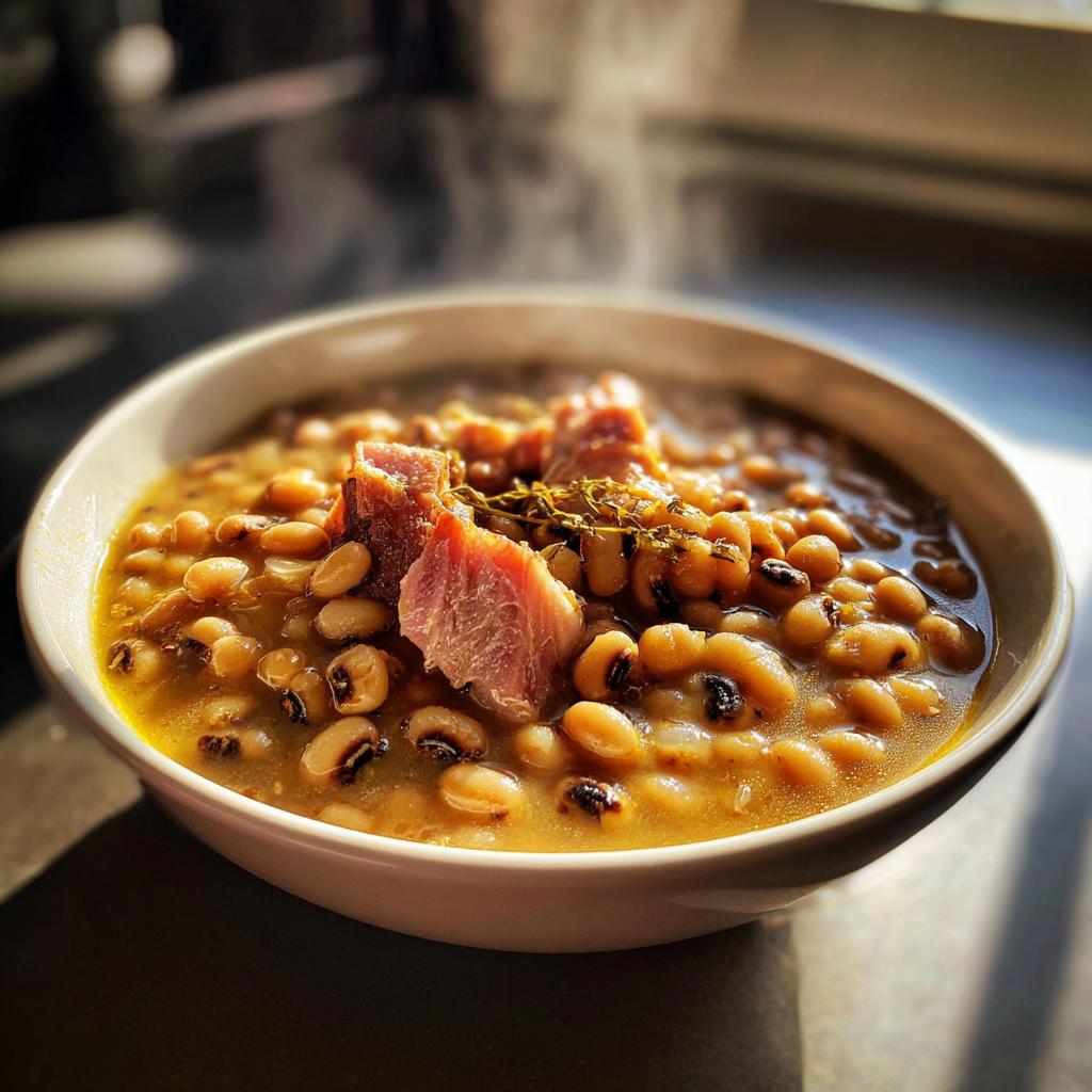 A steaming bowl of hearty black-eyed peas with chunks of ham, a traditional new years food.