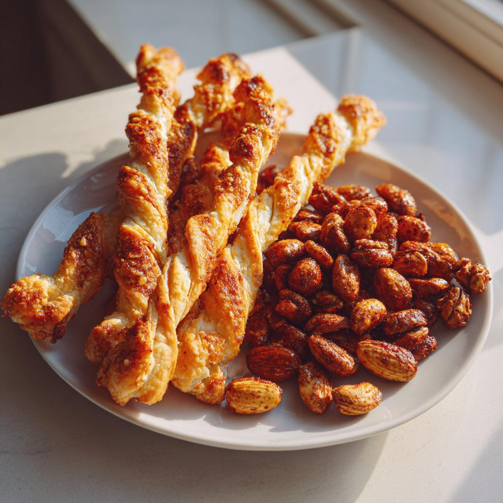 A plate of golden-brown twisted pastry sticks and spiced almonds, perfect for New Years snacks.