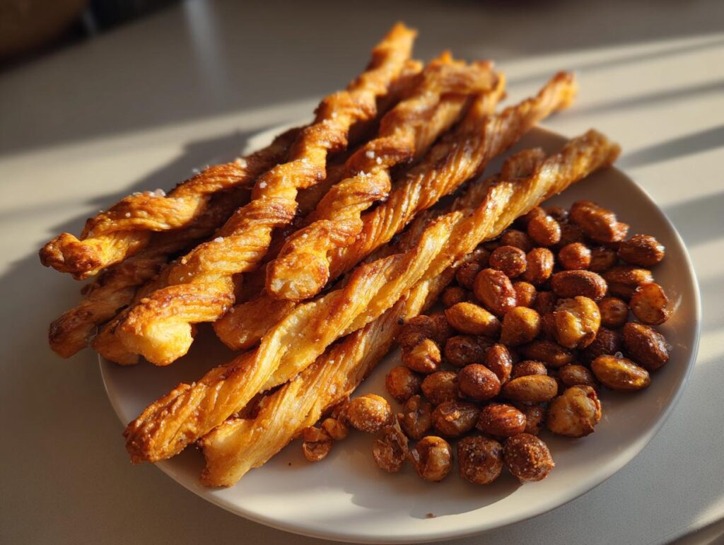 A plate of golden-brown twisted pastry sticks and glazed nuts, perfect for New Years snacks.