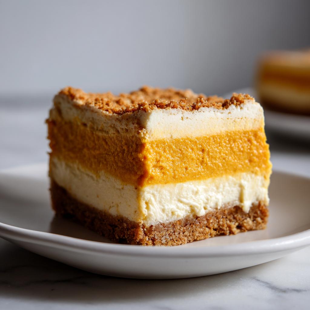 A delicious slice of no bake Thanksgiving dessert with layers of pumpkin and cream cheese.