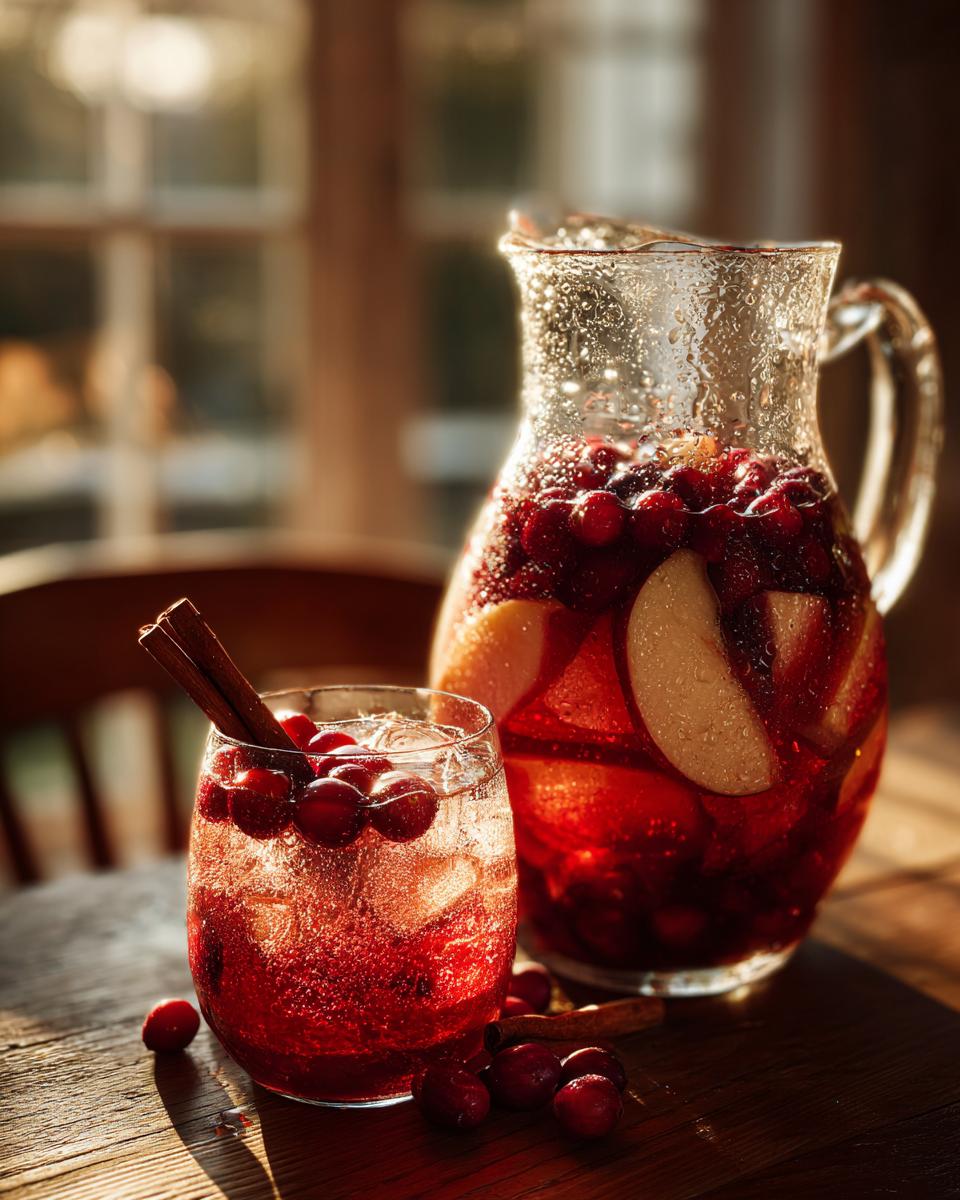 A refreshing glass of non alcoholic autumn harvest punch filled with ice, cranberries, and a cinnamon stick, next to a pitcher of the same punch.