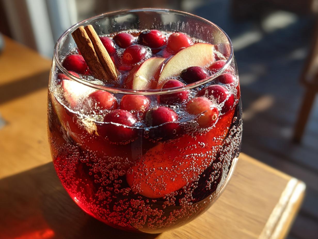A close-up of a refreshing non alcoholic autumn harvest punch in a glass, filled with cranberries, apple slices, and a cinnamon stick.