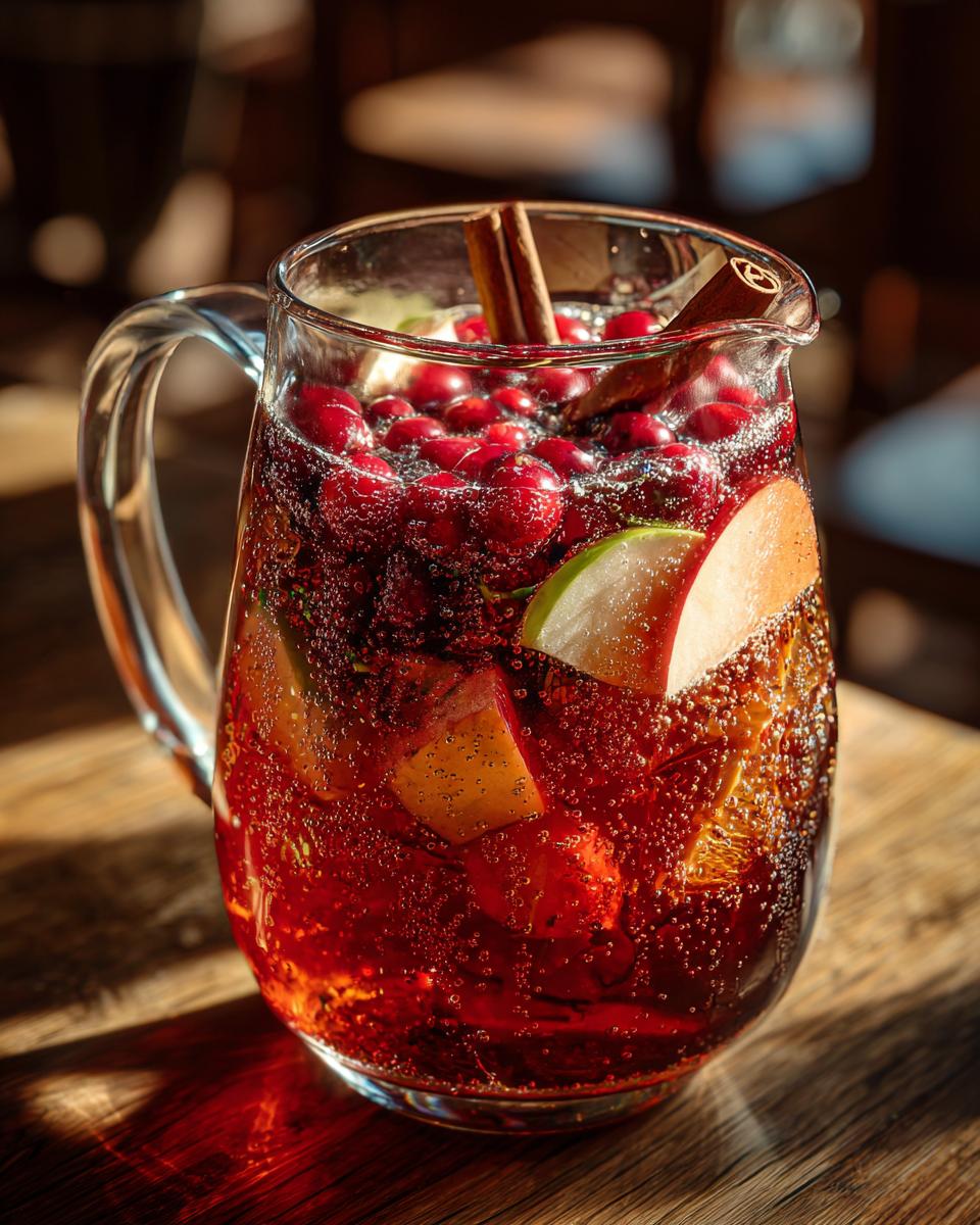 A pitcher filled with bubbly non alcoholic autumn harvest punch, featuring cranberries, apple slices, and cinnamon sticks.