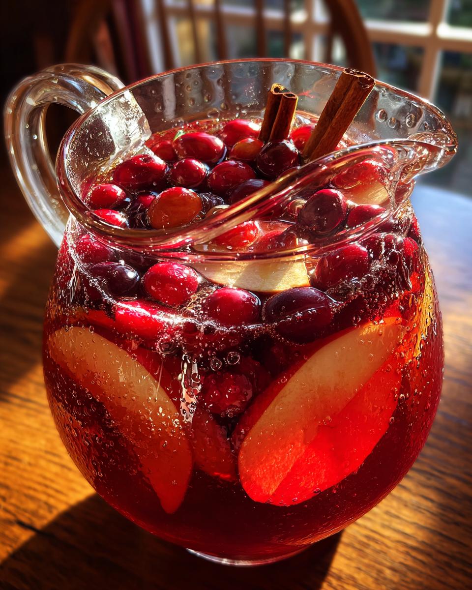 A clear glass pitcher filled with Non Alcoholic Autumn Harvest Punch, featuring cranberries, apple slices, and cinnamon sticks.