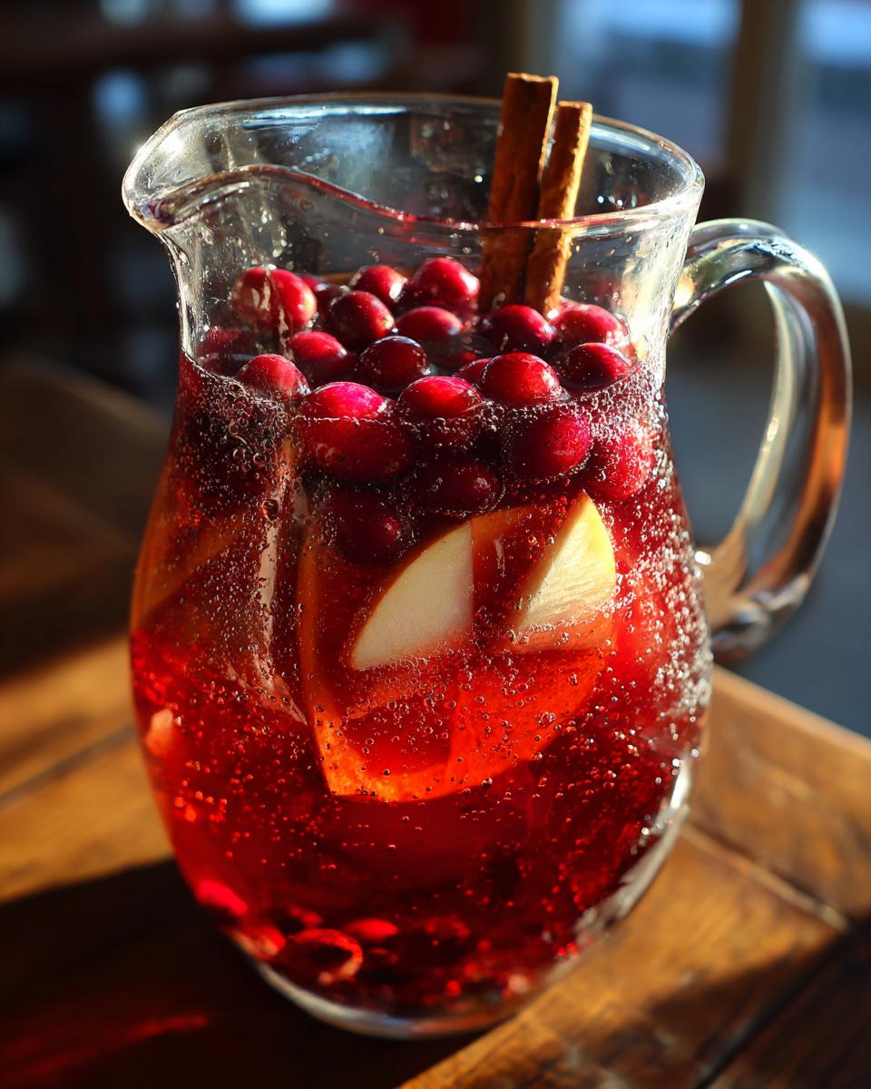 A clear glass pitcher filled with a vibrant red non alcoholic autumn harvest punch, garnished with cranberries, apple slices, and cinnamon sticks.