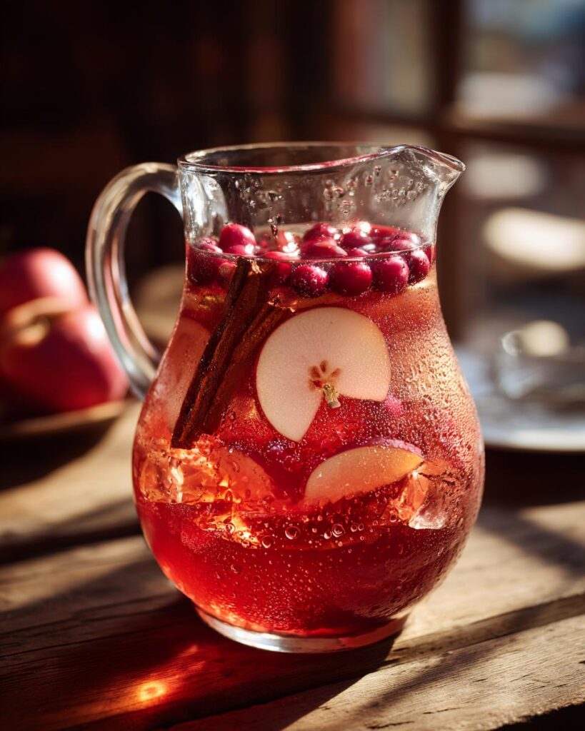 A pitcher filled with non alcoholic autumn harvest punch, garnished with cranberries, apple slices, and cinnamon sticks.