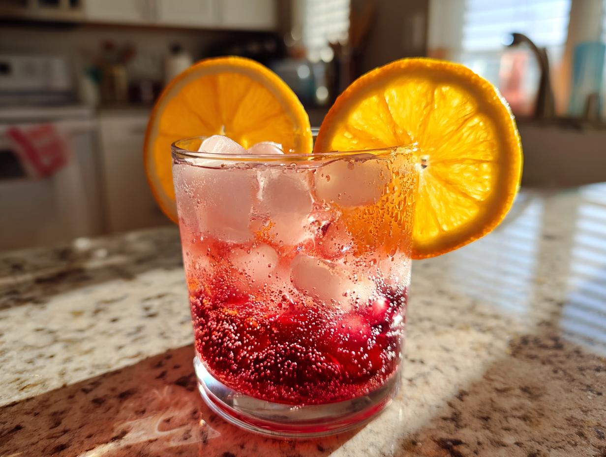 A close-up of a sparkling non alcoholic Thanksgiving drink with ice, garnished with orange slices.