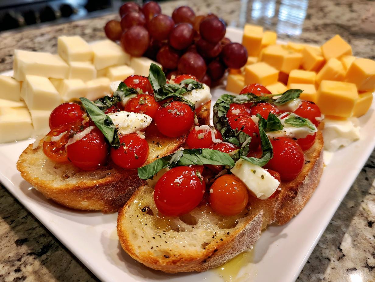 Close-up of tomato basil bruschetta, a perfect NYE appetizer, with cheese and grapes in the background.