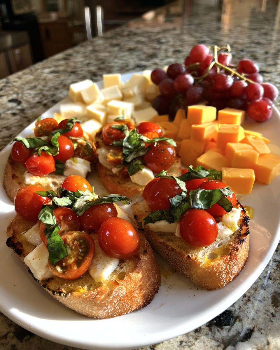 A platter of NYE appetizers featuring tomato and mozzarella bruschetta, cubed cheeses, and red grapes.